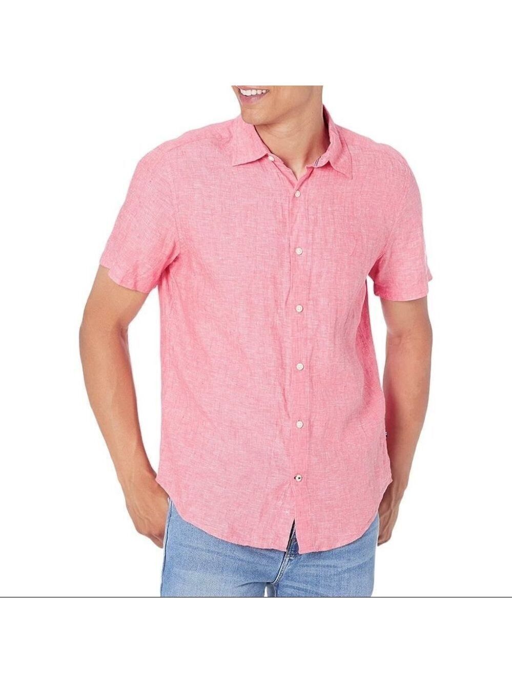 * NAUTICA 100% Linen Pink Classic Button Down Short Sleeve Shirt Size M